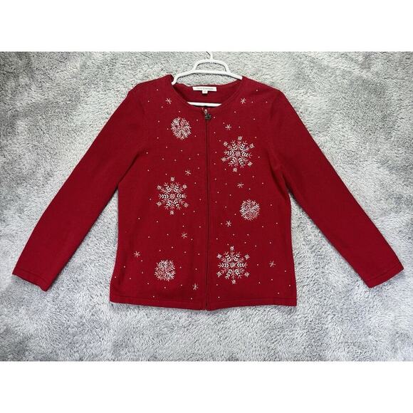 Mercer Street Cardigan Sweater Red White Beaded Snowflake Christmas Party Medium - Picture 1 of 9